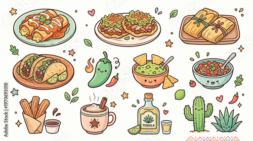A collection of cute cartoon illustrations depicting various Mexican food dishes, drinks, and cultural elements like tacos, enchiladas, guacamole, churros, tequila, and cacti.