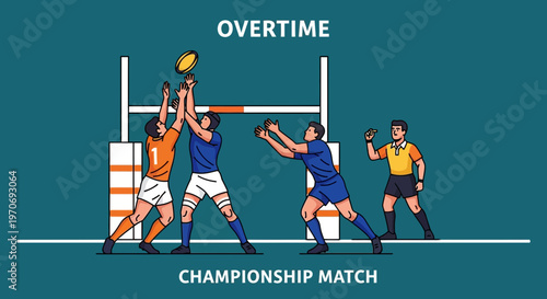 Rugby Players Contend For Ball Under Overtime And Championship Match Conditions Illustration