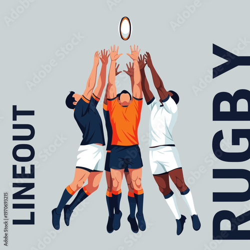 Rugby Players Contesting Ball In Mid-Air During Lineout Action, Sports Illustration