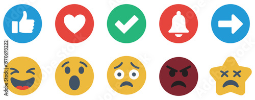 Emoji reactions vector collection, like dislike heart share comment icons set, social media engagement elements, flat style illustration for web graphics