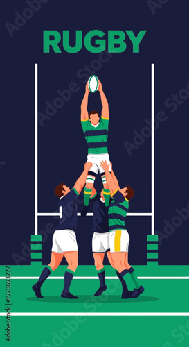 Rugby Players Contesting Ball In Midair On Green Field With Goal Posts And Dark Backdrop