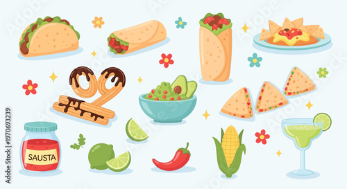 A vibrant collection of traditional Mexican food and drink items, including tacos, burritos, nachos, guacamole, churros, salsa, and a margarita.