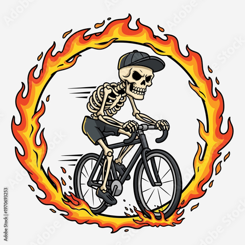 Skeleton riding a bicycle through a ring of fire, a daring and adventurous illustration.