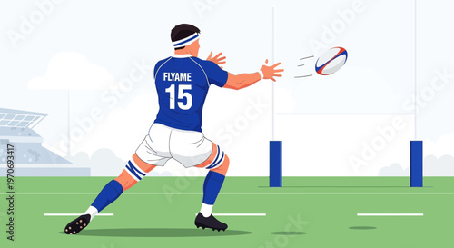 Rugby Player Kicking Ball Towards Goal With Stadium And Field Background