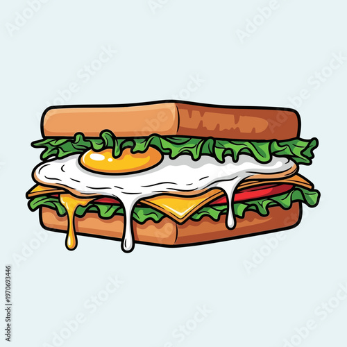 Delicious Egg Sandwich Illustration with Melted Cheese and Fresh Vegetables.