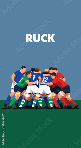 Rugby Players Engage in a Powerful Scrum on a Green Field Demonstrating Teamwork and Strength
