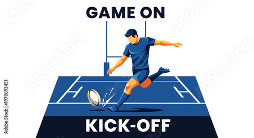 Rugby Player Kicking Off, Ready To Begin The Game With The Ball In Action