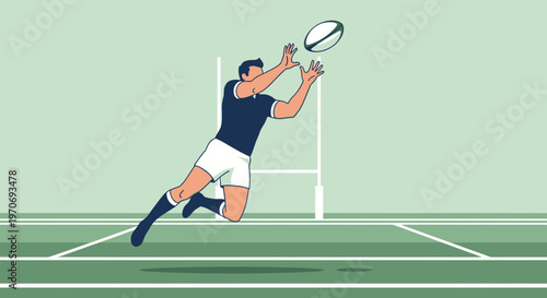 Rugby Player Leaping to Catch the Oval Ball on the Green Field and Ready to Score
