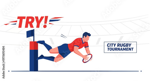 Rugby Player Making A Try During A City Tournament, Vector Illustration