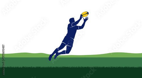 Rugby Player Leaping High To Catch Ball in Silhouette Against Grassy Background