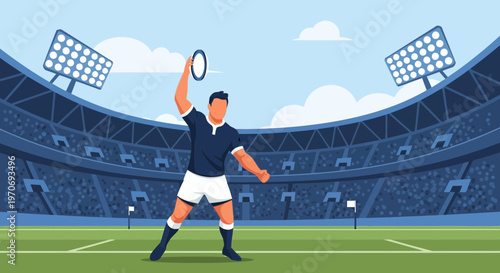 Rugby Player Prepares to Throw Ring at the Stadium with Crowd of Spectators Watching