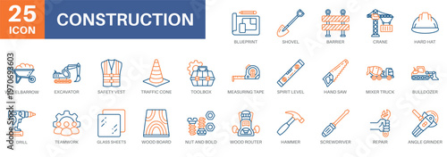 construction icon set, equipment, architecture, work, contractor, and build. Simple vector symbols collection suitable for symbols and more