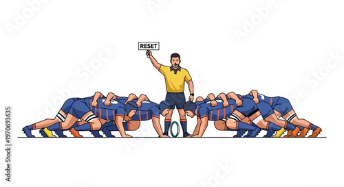 Rugby Players Preparing Scrum Under Referee’s Signal Indicating Reset Position