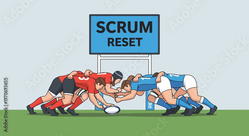 Rugby Players Preparing For Scrum Reset Under Blue Sign, Teamwork And Strategy Displayed