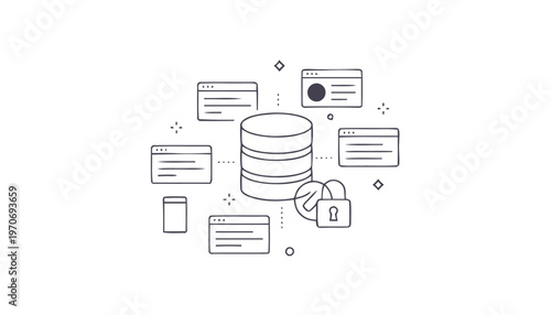 Database with Security Lock and Connected Interfaces Illustration.
