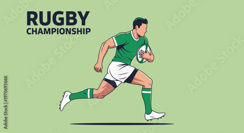 Rugby Player Running With Ball Depicted During Championship Match In Vector Illustration