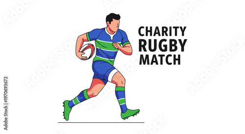 Rugby Player Running With Ball Depicted In A Graphic Style For Charity Event Advertising