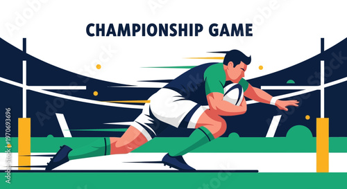 Rugby Player Running With Ball, Championship Game, Victory Celebration, Sport Illustration