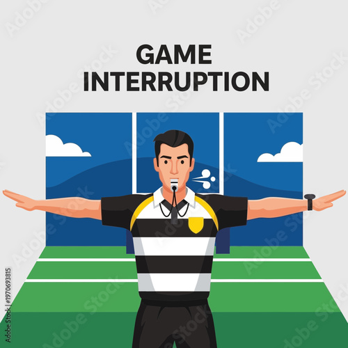Rugby Referee Signaling A Game Interruption Against A Stadium Backdrop Scene Illustration