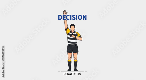 Rugby Referee Signaling A Penalty Try, Illustrative Depiction With Text And Sporting Theme