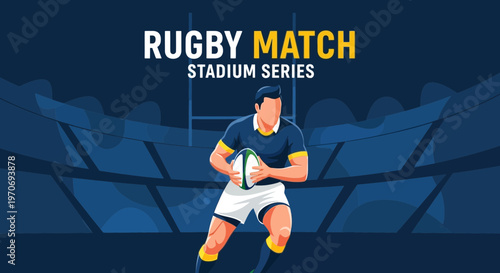 Rugby Player With Ball In Stadium Design, Sport Action Illustration And Competition Concept