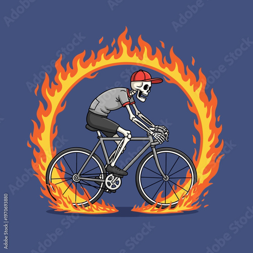 Skeleton riding bicycle surrounded by flames.