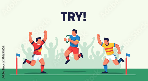 Rugby Players Celebrating a Try After Successfully Overcoming Opponents to Score Points