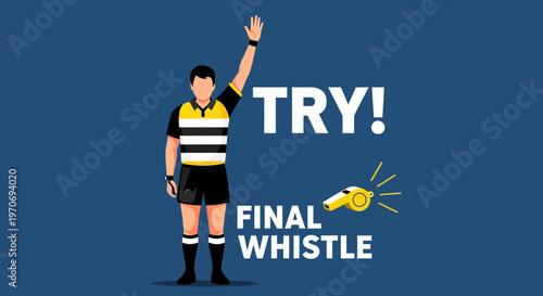 Rugby Referee Signaling A Try During The Final Whistle In a Simplified Cartoon Style