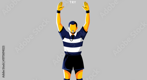Rugby Referee Signaling A Try Gesture With Arms Raised Upwards and Whistle