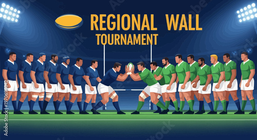 Rugby Tournament Illustration Showcasing Two Teams Competing In A Stadium Setting