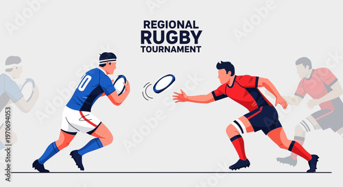 Rugby Tournament Illustration Showcasing Action Between Players and Dynamic Passing Movement