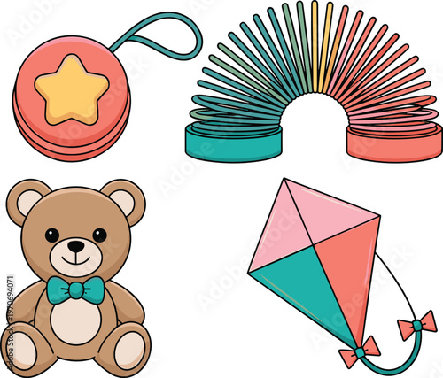 Colorful vector set of cute baby toys featuring a brown teddy bear, flying kite, slinky spring, and rattle, perfect for nursery decor and children's designs.