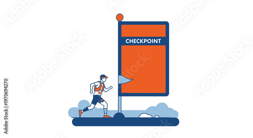 Runner Approaching Checkpoint Sign, Illustration Of Sport Marathon, Graphic Design