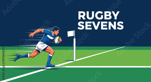 Rugby Sevens Player Running Towards Goal Line With Ball