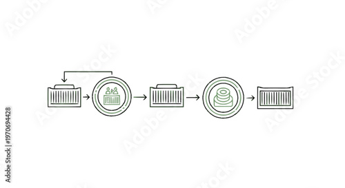 Diagram illustrating a process with industrial elements and circular symbols.