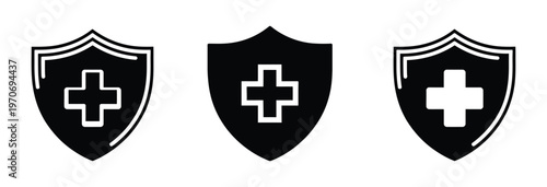 Set of three shield icons with medical cross symbols. Modern shield medical badge icons Vector. Shield icons with cross symbol for protection and safety Vector illustration. 
