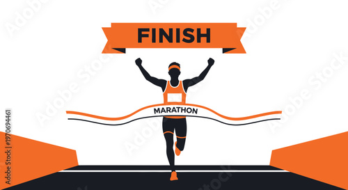 Runner Breaks Finish Line Tape Celebrates Marathon Victory Triumph