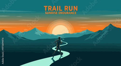 Runner At Sunrise Along Mountain Trail Depicting Endurance And Stunning Landscape