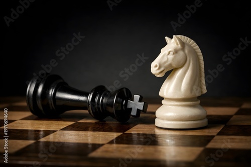 Fallen black king chess piece lies on the chessboard next to a standing white knight, symbolizing strategic victory, defeat, and the culmination of a challenge.