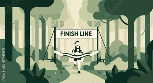 Runner Crossing Finish Line In Forest After A Marathon Achieving Triumph And Success