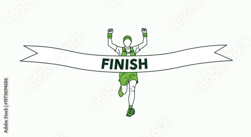 Runner Crossing Finish Line Reaching Victory, Celebrates a Marathon Race Achievement