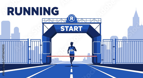 Runner Crossing Finish Line Under Start Arch Depicting Competitive Race Vector Illustration