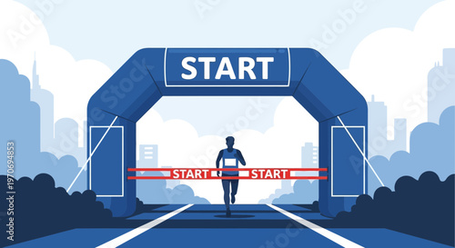 Runner Crossing Finish Line, Starting Race, Sport, Competition, and Urban Cityscape