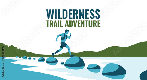 Runner Crossing Stones in Nature with Wilderness Trail Adventure Logo Design