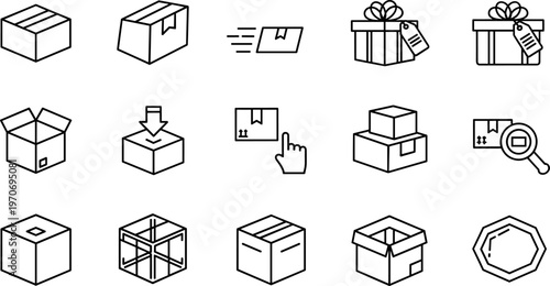 Black and white packaging box icons collection with shipping, delivery, gift, storage, logistics, e-commerce, product handling vector illustration