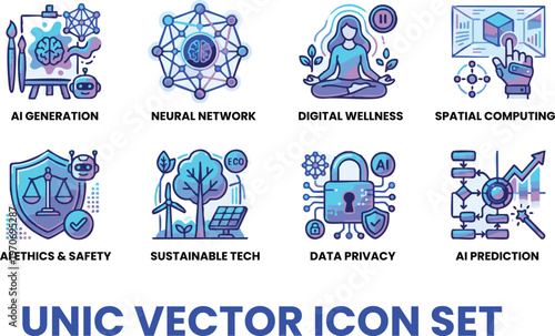 Digital Wellness & AI Future Icon Set – Spatial Computing, Neural Network, AI Ethics, Data Privacy & Sustainable Technology
