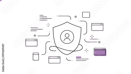 Digital security illustration of a shield protecting a persons identity online.