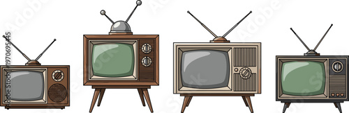 Set of Vintage Retro Televisions with Antennas and Wooden Cabinets for Classic, Nostalgic, and Media Design Illustrations