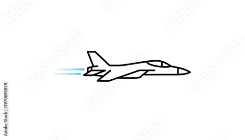 Modern Fighter Jet Icon Flying Fast with Blue Speed Trails on White Background