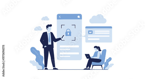 Digital security illustration with people and devices.
